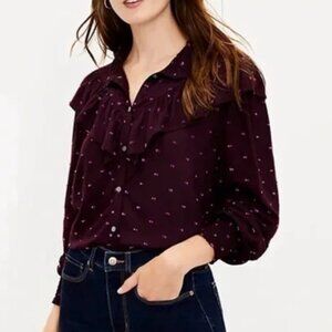 Loft Prairie Ruffle Yoke Long Sleeve Button Down Top Plum
